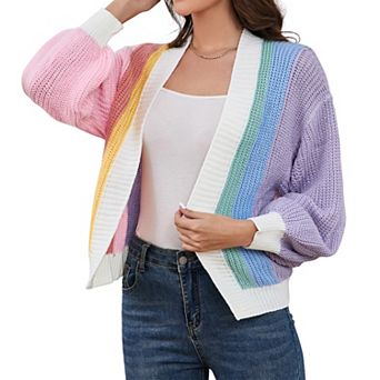 Women Cardigan Color Block Short Cardigan Without Button Open Front Cropped Long Sleeve Sweaters