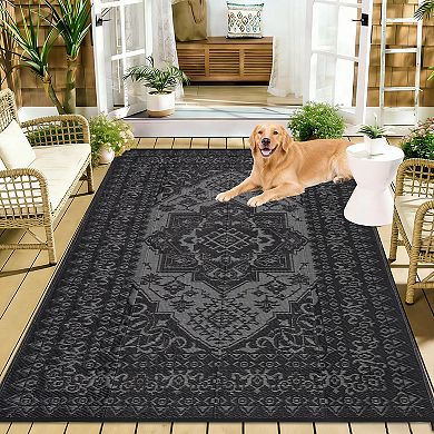Distressed Retro Woven Washable Outdoor Rug UV Resistant Portable Carpet for Beach Vacation