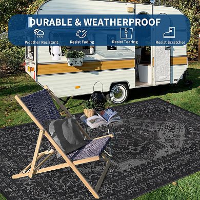 Distressed Retro Woven Washable Outdoor Rug UV Resistant Portable Carpet for Beach Vacation