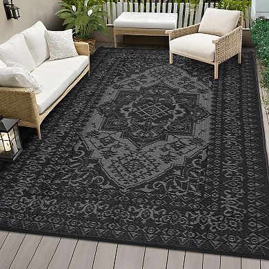 Distressed Retro Woven Washable Outdoor Rug UV Resistant Portable Carpet for Beach Vacation
