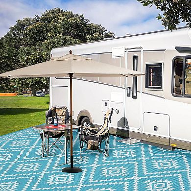 Boho Geometric Outdoor Area Rug UV Resistant Reversible Light Weight Pet Friendly Mat for RV Trip