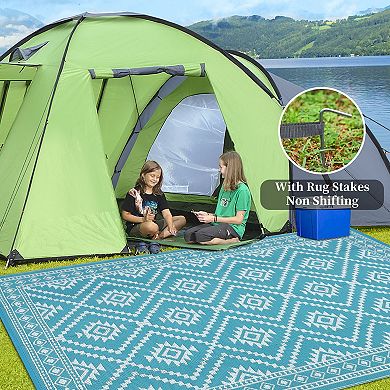 Boho Geometric Outdoor Area Rug UV Resistant Reversible Light Weight Pet Friendly Mat for RV Trip