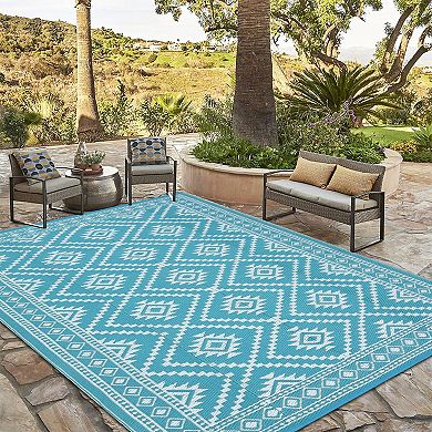 Boho Geometric Outdoor Area Rug UV Resistant Reversible Light Weight Pet Friendly Mat for RV Trip