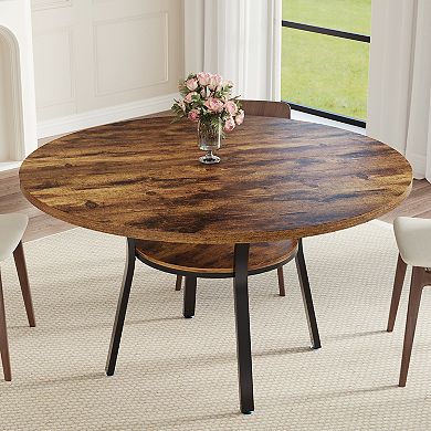 Modern 47" Round Dining Table with Storage Shelf & Metal Legs, Seats 4-6