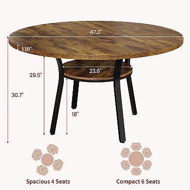Modern 47" Round Dining Table with Storage Shelf & Metal Legs, Seats 4-6