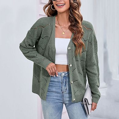 Women's Lightweight Crochet Cardigan Long Sleeve Hollow Out Kint Sweaters