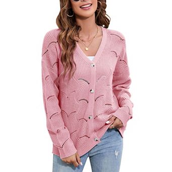 Women's Lightweight Crochet Cardigan Long Sleeve Hollow Out Kint Sweaters