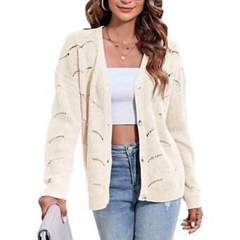 Women's Lightweight Crochet Cardigan Long Sleeve Hollow Out Kint Sweaters