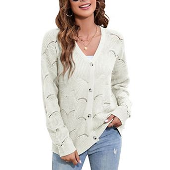 Women's Lightweight Crochet Cardigan Long Sleeve Hollow Out Kint Sweaters