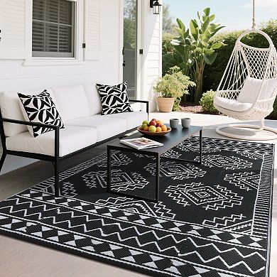 Boho Outdoor Area Rug Stain Resistant Waterproof Reversible Pet Friendly Mat for Balcony Picnic