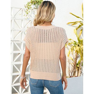 Womens V Neck Summer Pullover Sweater Vests Cap Sleeve Tops Loose Fit Lightweight Knit Vest Tops