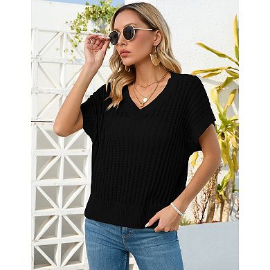 Womens V Neck Summer Pullover Sweater Vests Cap Sleeve Tops Loose Fit Lightweight Knit Vest Tops