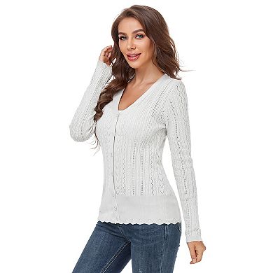 Women’s Long Sleeve Button Down Sweater V-Neck Hollow Out Knit Cardigans