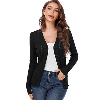 Women’s Long Sleeve Button Down Sweater V-Neck Hollow Out Knit Cardigans