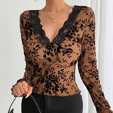 Women's Elegant Long Sleeve Lace Top V-Neck Floral Print Mesh Patchwork Slim Fit Flare Sleeve Blouse