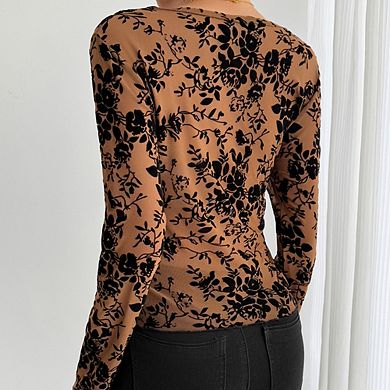 Women's Elegant Long Sleeve Lace Top V-Neck Floral Print Mesh Patchwork Slim Fit Flare Sleeve Blouse