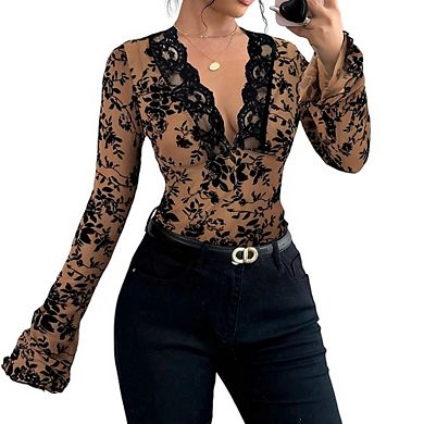 Women's Elegant Long Sleeve Lace Top V-Neck Floral Print Mesh Patchwork Slim Fit Flare Sleeve Blouse