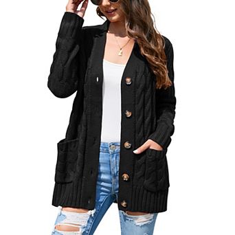 Women Cable Knit Cardigan Sweater V Neck Button Down Cardigan with Pocket Sweater Coat