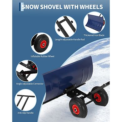 Metal Snow Shovel w/Wheels, 29" Adjustable Angled Blade,Anti-Skid Wear-Resistant Wheels