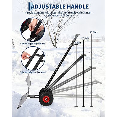 Metal Snow Shovel w/Wheels, 29" Adjustable Angled Blade,Anti-Skid Wear-Resistant Wheels