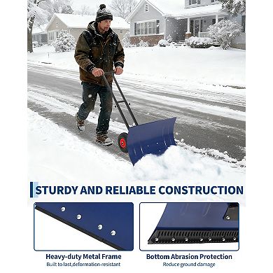 Metal Snow Shovel w/Wheels, 29" Adjustable Angled Blade,Anti-Skid Wear-Resistant Wheels