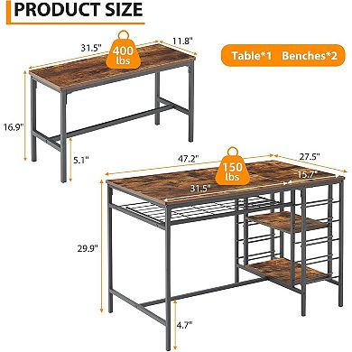 3-Piece Kitchen Set with 2 Benches, Wine Rack & Storage