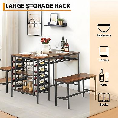 3-Piece Kitchen Set with 2 Benches, Wine Rack & Storage