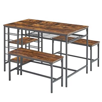 3 pc Kitchen Set with 2 Benches, Wine Rack & Storage