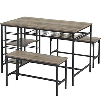 3 pc Kitchen Set with 2 Benches, Wine Rack & Storage