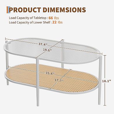 37" Oval Coffee Table - Rattan & Glass 2-Tier Design with Metal Frame