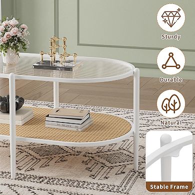 37" Oval Coffee Table - Rattan & Glass 2-Tier Design with Metal Frame