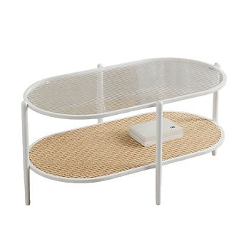 37" Oval Coffee Table - Rattan & Glass 2 tier Design with Metal Frame