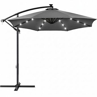 10FT Solar LED Patio Umbrella w/Lights, Heavy-Duty Steel Outdoor Umbrella w/Tilt Adjuster & 8 Ribs