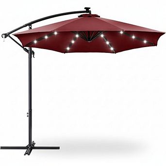 10FT Solar LED Patio Umbrella w/Lights, Heavy-Duty Steel Outdoor Umbrella w/Tilt Adjuster & 8 Ribs