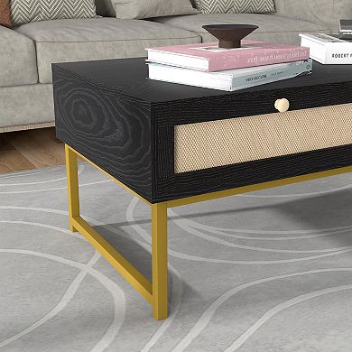 Coffee Table with Storage, Mid Century Modern Rectangle Center Table with 2 Drawers & Metal Frame