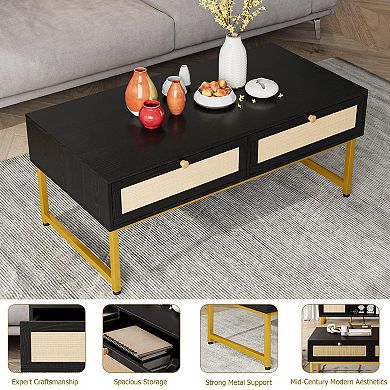 Coffee Table with Storage, Mid Century Modern Rectangle Center Table with 2 Drawers & Metal Frame