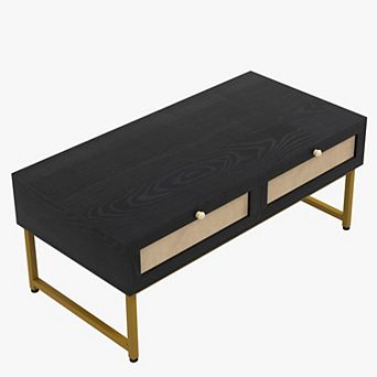 Coffee Table with Storage, Mid Century Modern Rectangle Center Table with 2 Drawers & Metal Frame