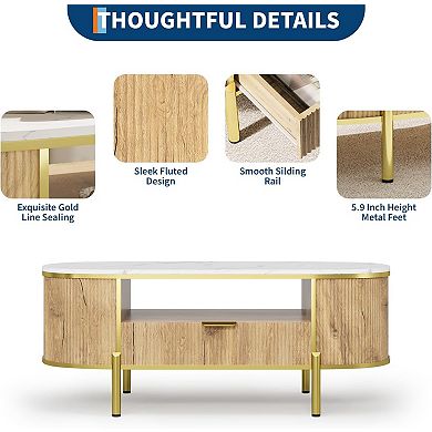 48" Oval Coffee Table - Fluted Design with Faux Marble Top & Storage Drawers