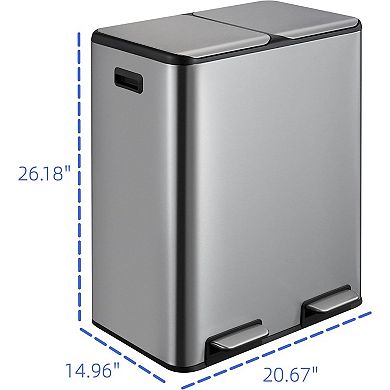 16 gal Dual Compartment Trash Can,Step-on Stainless Steel Garbage Bin with Lid Inner Buckets