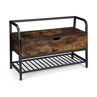 Retro Smoked Wood & Black Metal Shoe Storage Bench