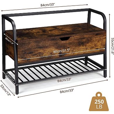 Retro Smoked Wood & Black Metal Shoe Storage Bench