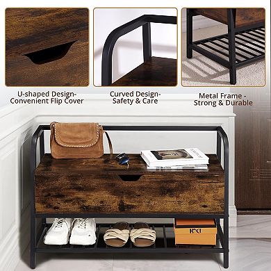 Retro Smoked Wood & Black Metal Shoe Storage Bench