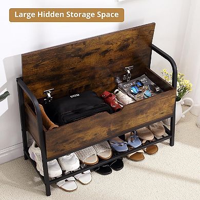 Retro Smoked Wood & Black Metal Shoe Storage Bench