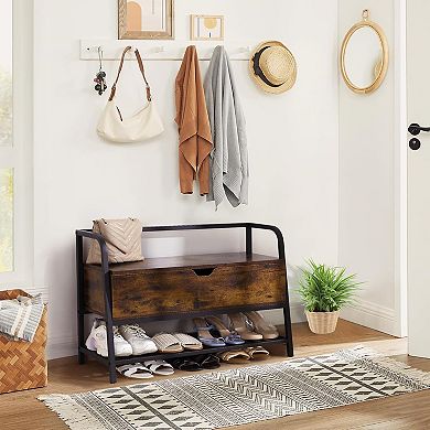 Retro Smoked Wood & Black Metal Shoe Storage Bench