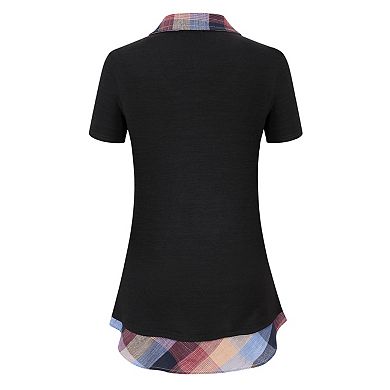 Women's Short Sleeve Contrast Collared Shirts Patchwork Plaid Work Blouse Tunics Tops