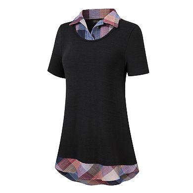Women's Short Sleeve Contrast Collared Shirts Patchwork Plaid Work Blouse Tunics Tops