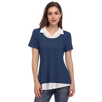 Women's Short Sleeve Contrast Collared Shirts Patchwork Plaid Work Blouse Tunics Tops