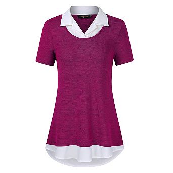 Women's Short Sleeve Contrast Collared Shirts Patchwork Plaid Work Blouse Tunics Tops