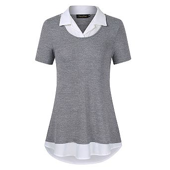 Women's Short Sleeve Contrast Collared Shirts Patchwork Plaid Work Blouse Tunics Tops