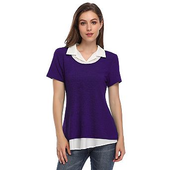 Women's Short Sleeve Contrast Collared Shirts Patchwork Plaid Work Blouse Tunics Tops